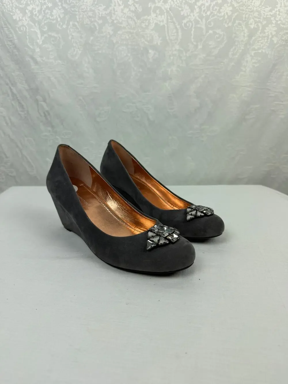 BCBG Max Azria Black Suede Embellished Wedge Pumps Women's Size 8
